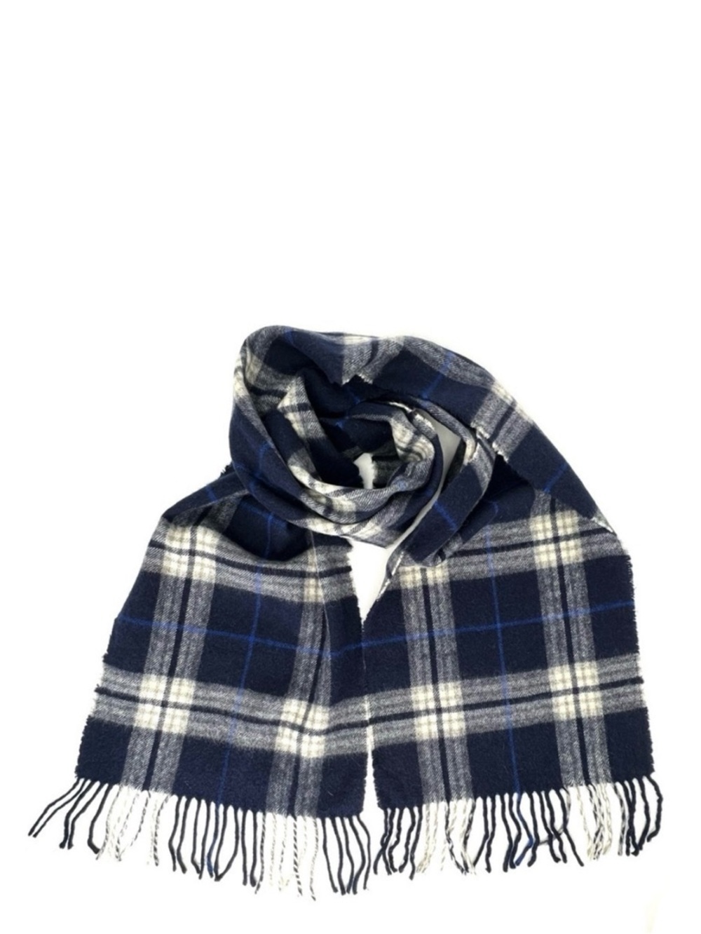 Carven Wool Scarf Tartan Plaid Blue Creamy White Winter Warm